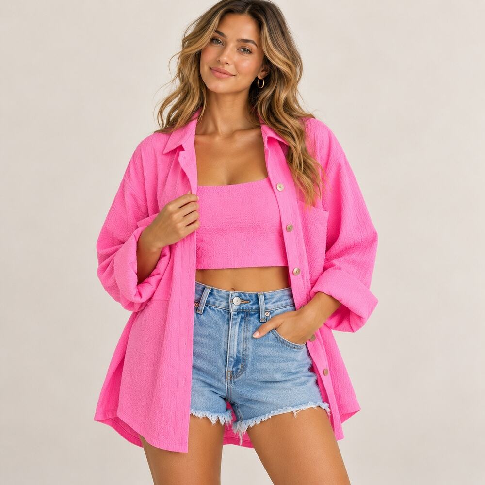 Show Me Your Mumu 2 Piece Set M Electric Pink Crop Top Johns Button Down